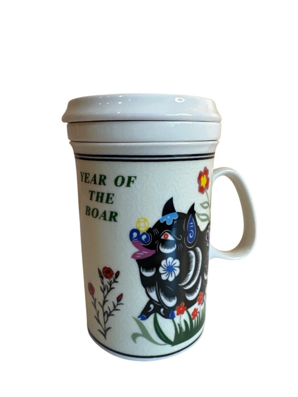 Year Of The Boar Ceramic Mug With Lid And Infuser Chinese Zodiac Floral Strainer